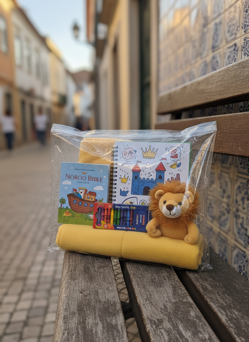 A neatly packed, transparent plastic care kit designed for children, filled with a small illustrated Bible booklet, a spiral-bound activity book with castles and crowns on the cover, crayons, a soft fleece blanket in cheerful yellow, and a plush lion toy symbolizing courage. The kit rests on a rustic wooden bench against a softly blurred backdrop of a Portuguese town street with tiled walls and terracotta tones, rendered in gentle photographic bokeh to avoid recognizable people. Late afternoon sunlight bathes the scene in warm, golden light, creating subtle reflections on the plastic and rich textures on the wood. Shot at an eye-level, three-quarter angle with centered composition, the image feels compassionate, practical, and hopeful, highlighting tangible support offered to children through the ministry.