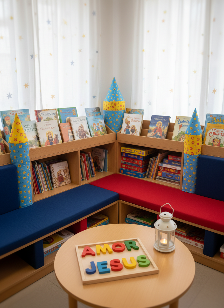 A colorful classroom corner in Portugal styled like a tiny castle-themed reading nook, with padded benches shaped like castle walls, soft fabric turrets in sky blue and sunshine yellow, and shelves filled with children’s Christian books and story-based board games. On a low table sits a wooden puzzle spelling “AMOR” and “JESUS” in bright block letters, alongside a small, glowing LED lantern cross. Diffused daylight filters through sheer curtains printed with subtle stars, creating an even, gentle light that softens every edge. The photograph is taken from a slightly elevated angle using the rule of thirds, keeping the puzzle in sharp focus while the background shelves blur into a creamy bokeh. The atmosphere is playful, safe, and nurturing, with clean, modern photographic realism perfect for showcasing program activities.