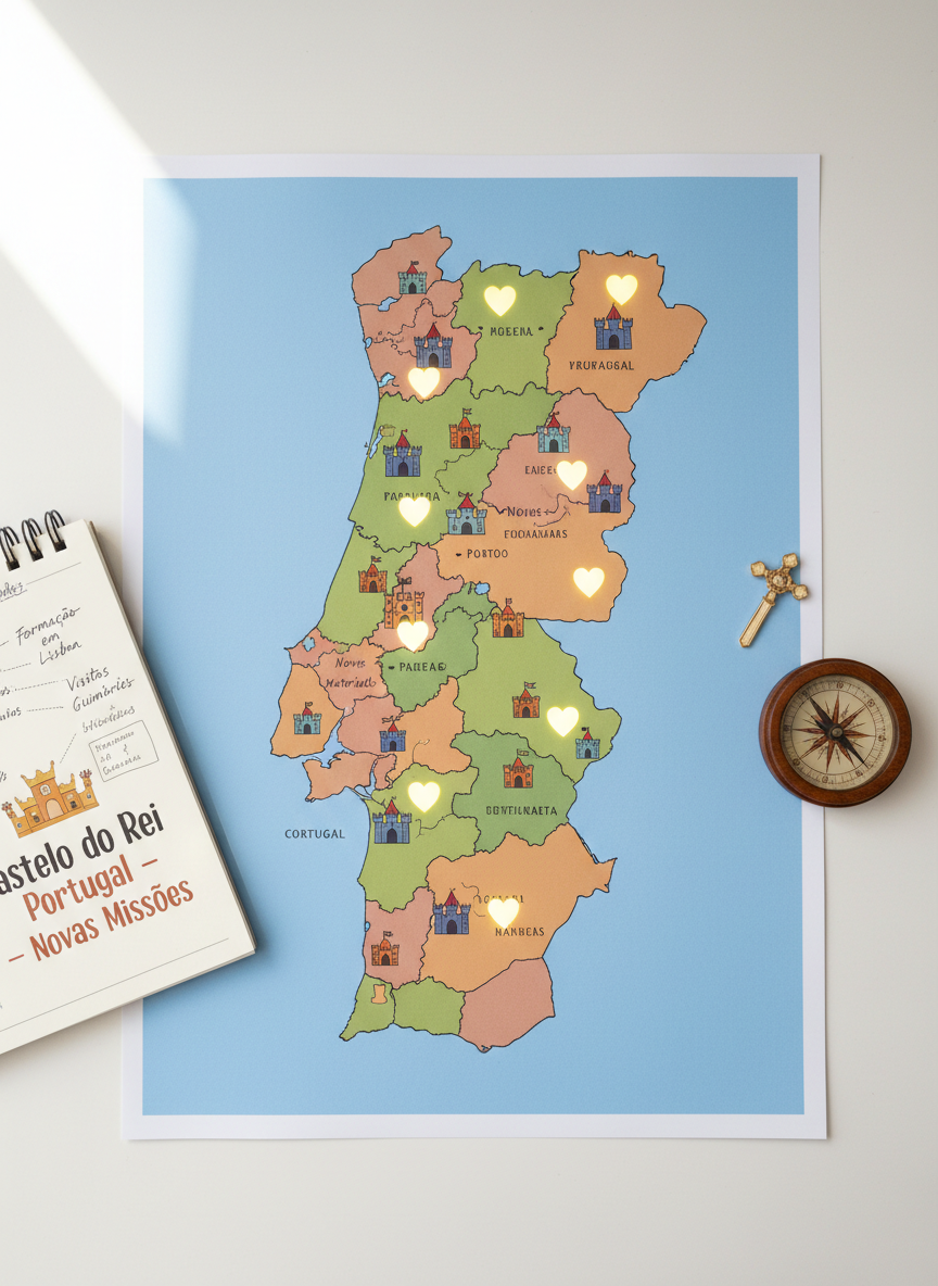 An illustrated map of Portugal printed on thick matte paper laid flat on a smooth white desk, each region highlighted with tiny, colorful castle icons and radiant heart symbols showing places where children’s evangelization projects are active. Beside the map rests a wooden compass, a small cross-shaped pin, and a notebook labeled “Castelo do Rei Portugal – Novas Missões,” partially open with handwritten plans visible. Cool, diffused daylight from an overcast sky enters through an unseen window, producing soft, shadowless lighting that emphasizes the map’s colors and textures. Captured from a top-down, perfectly centered composition with sharp focus throughout, the mood is organized, visionary, and quietly enthusiastic, in a clean, modern photographic style ideal for an impact or project-locations section.