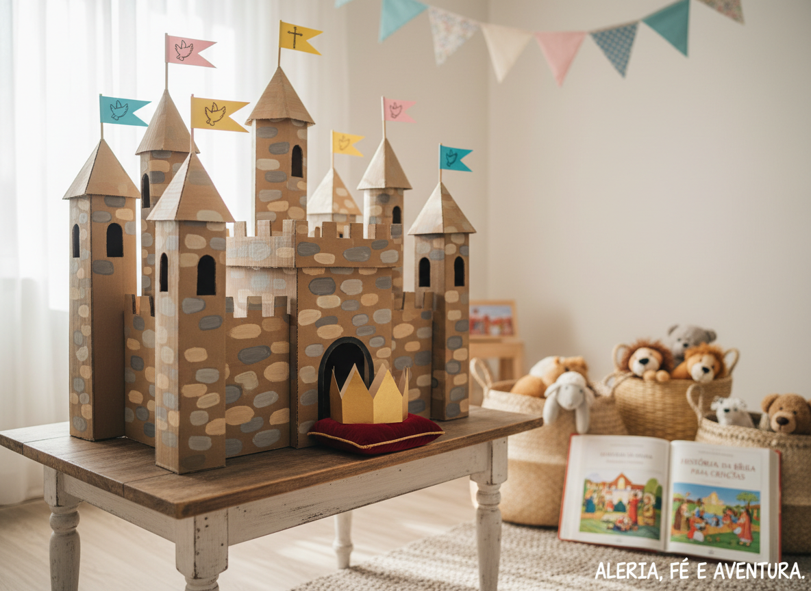 A whimsical cardboard castle carefully crafted from recycled boxes, with hand-painted stone textures in soft grays and warm beiges, colorful paper flags fluttering from each tower, and a golden paper crown resting at the entrance. The castle stands on a low wooden table in a bright, cozy room decorated with pastel-colored bunting, open story Bibles, and baskets of plush toy animals. Soft morning light pours through a nearby window, creating gentle highlights on the cardboard edges and casting playful shadows across the floor. Photographed at a child’s-eye, slightly low angle with shallow depth of field, the mood is hopeful, playful, and welcoming, in a vibrant, photographic realism style ideal for a homepage hero image about children’s evangelization in Portugal.