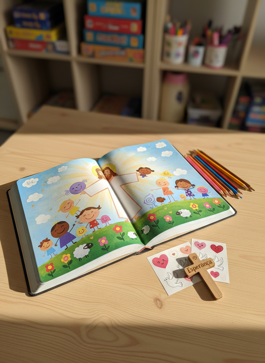 An open, beautifully illustrated children’s Bible resting on a light pine table, its thick pages showing a colorful scene of Jesus with smiling children represented only as simple, stylized silhouettes and symbols, no detailed human features. Around the Bible lie neatly arranged colored pencils, stickers with hearts and doves, and a small wooden cross engraved with the word “Esperança.” Sunlight from a nearby window creates a warm, golden-hour glow, illuminating the textured paper and creating soft bokeh in the background of blurred shelves with educational games and craft boxes. Captured from an overhead, bird’s-eye view with crisp focus on the book and gentle falloff toward the edges, the atmosphere is calm, inviting, and reflective, in a bright photographic style suitable for a donations or “about our mission” section.